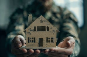 person in military fatigues holding model of a home